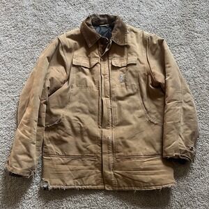 VTG Carhartt Mens Heavy Khaki Canvas Barn Coat‎ Mens XL USA Made Distressed
